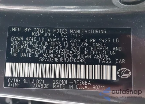 2024 Lexus Es 350 z USA, uszkodzony, nr VIN 58ADZ1B18RU170698